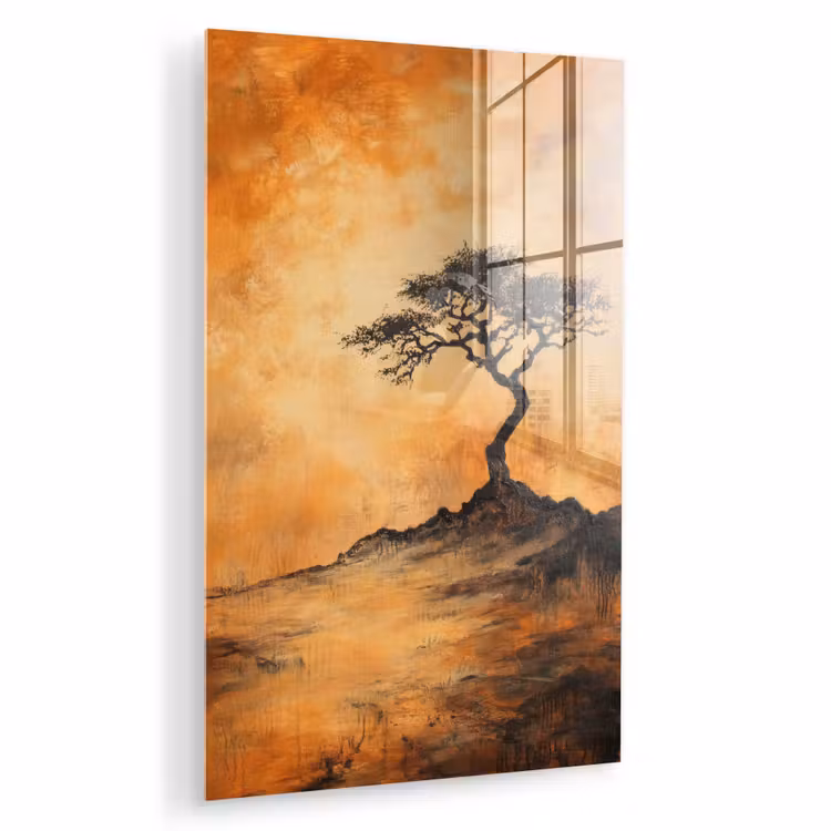 Glas schilderij - Boom - Landschap - Oranje — 1