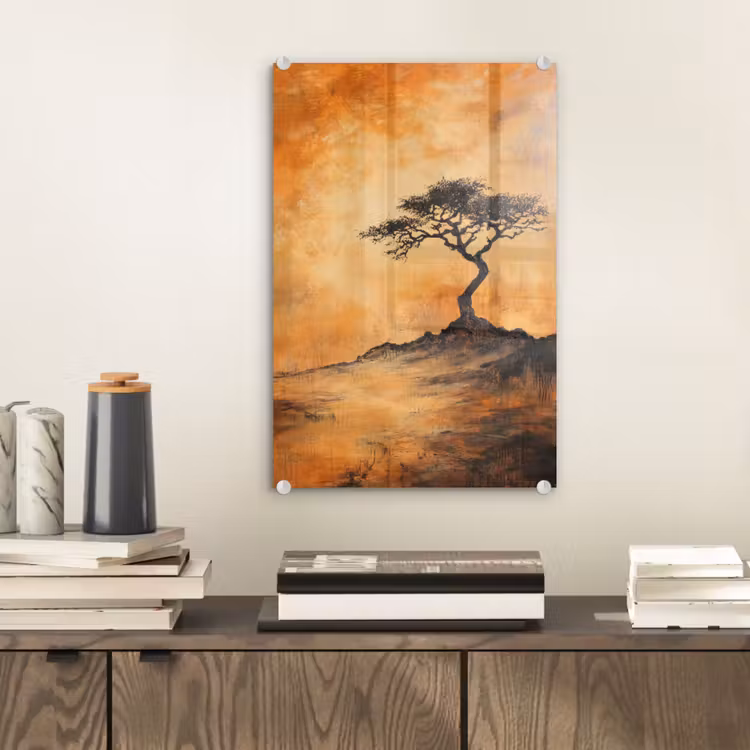 Glas schilderij - Boom - Landschap - Oranje — 2