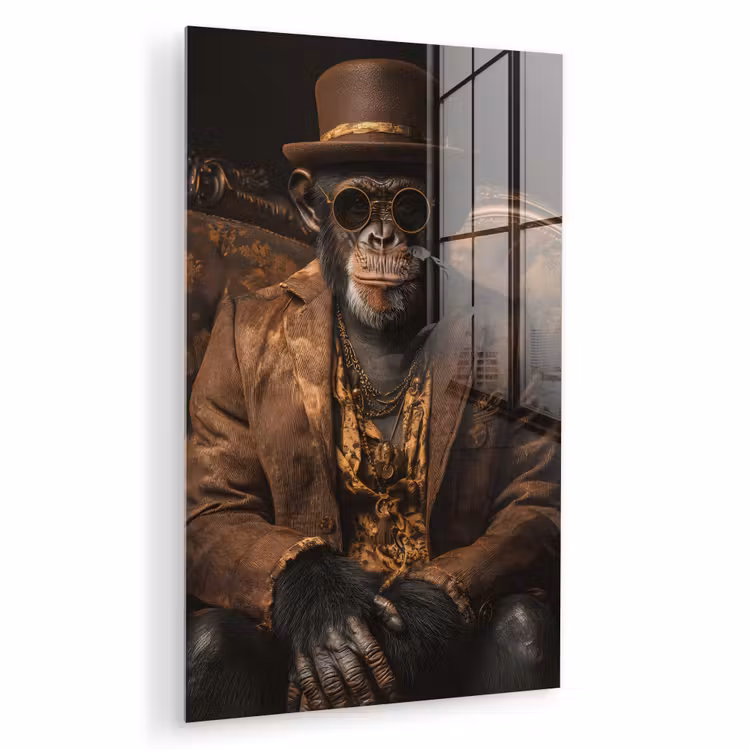 Glas schilderij - Chimpansee - Stoel - Pak - Bruin — 1