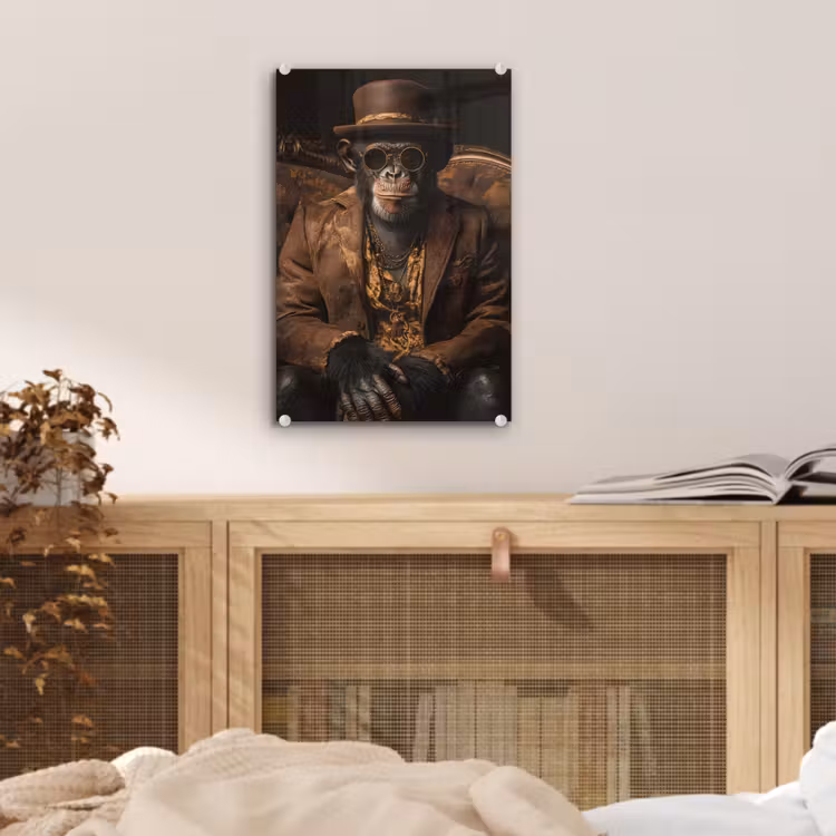 Glas schilderij - Chimpansee - Stoel - Pak - Bruin — 5