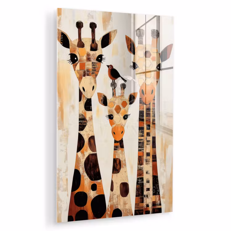 Glas schilderij - Giraffen - Cartoon - Crème — 1