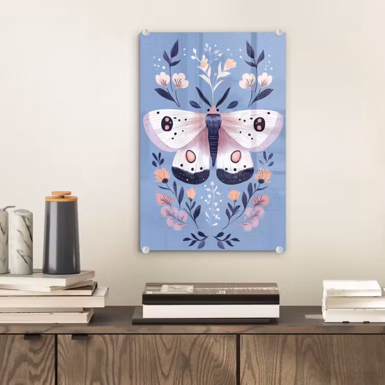 Glas schilderij - Vlinder - Vleugels - Stippen - Bloemen — 2
