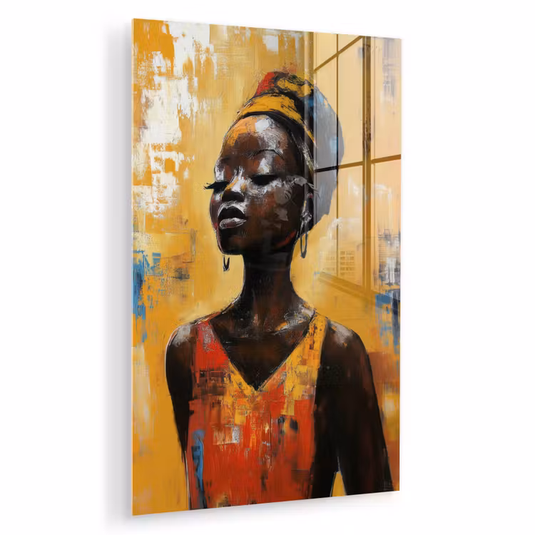 Glas schilderij - Vrouw - Ogen - Penseelstreken - Geel — 1