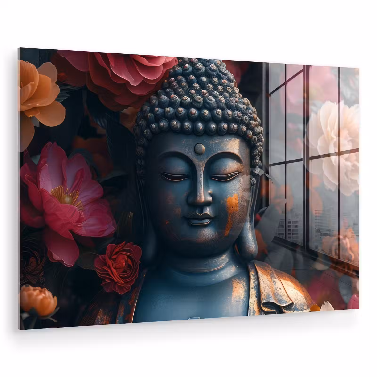 Glas schilderij - Boeddha - Bloemen - Buddha - Beeld - Kunst — 1