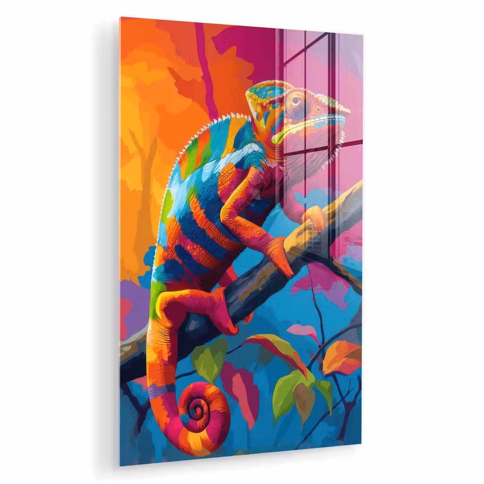 Glas schilderij - Kameleon - Tak - Gestreept - Bladeren — 1