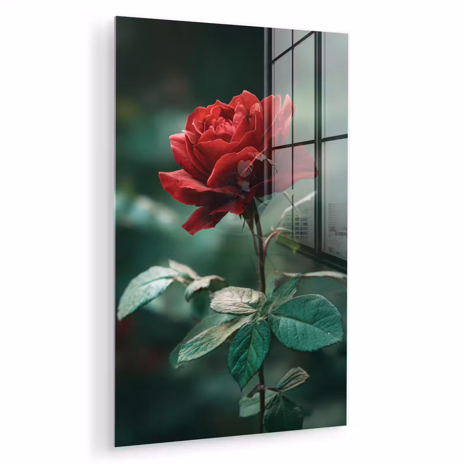 Glas schilderij - Roos - Bladeren - Dieprood — 1