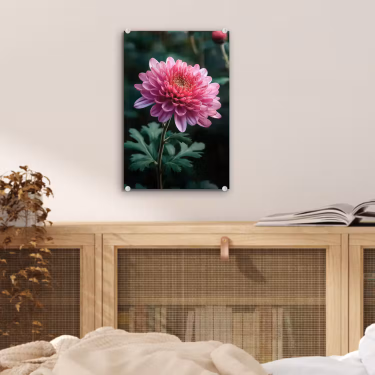 Glas schilderij - Blad - Chrysant - Roze - Schaduw — 5