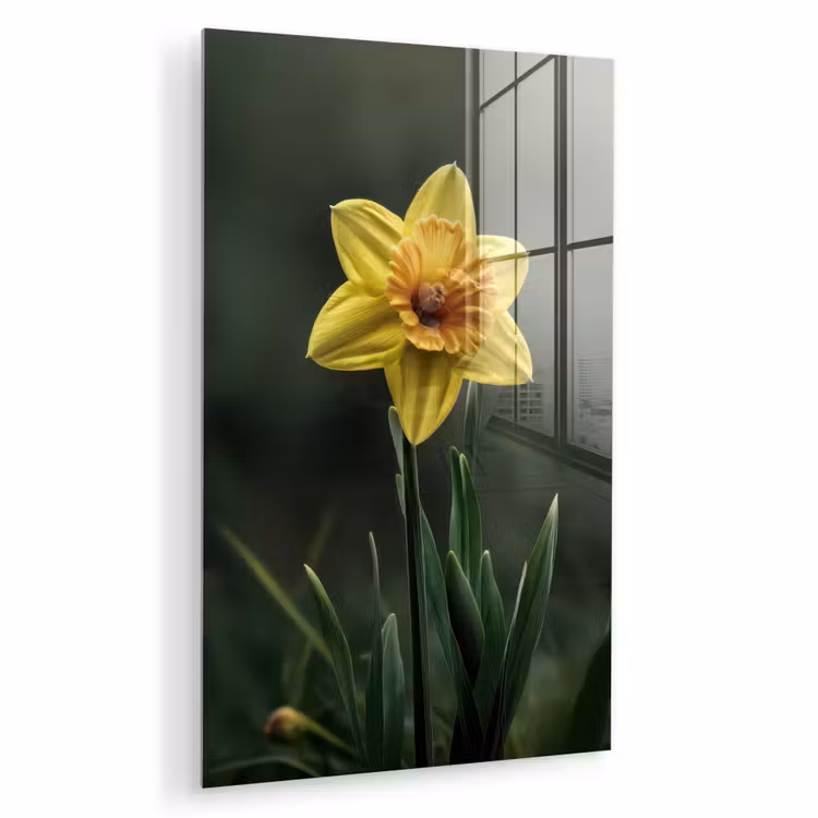 Glas schilderij - Bloem - Narcis - Gras - Geel — 1