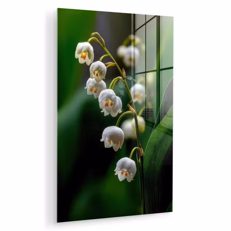 Glas schilderij - Bloemen - Wit - Bladeren - Lelietjes — 1