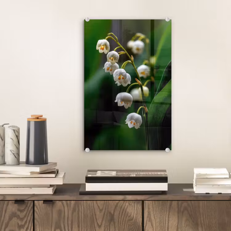 Glas schilderij - Bloemen - Wit - Bladeren - Lelietjes — 2
