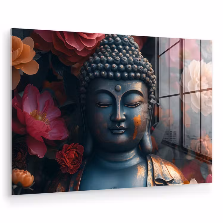 Glas schilderij - Boeddha - Bloemen - Buddha - Beeld - Kunst — 1