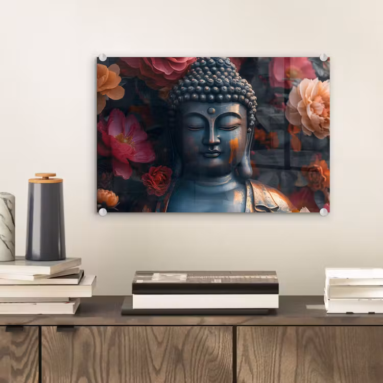 Glas schilderij - Boeddha - Bloemen - Buddha - Beeld - Kunst — 2