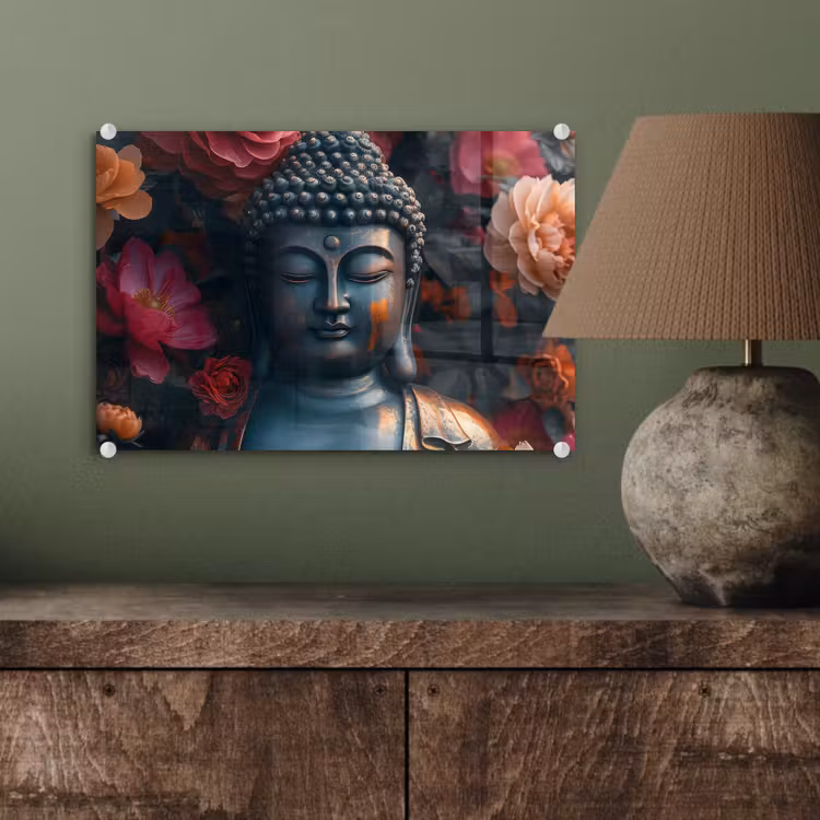 Glas schilderij - Boeddha - Bloemen - Buddha - Beeld - Kunst — 4