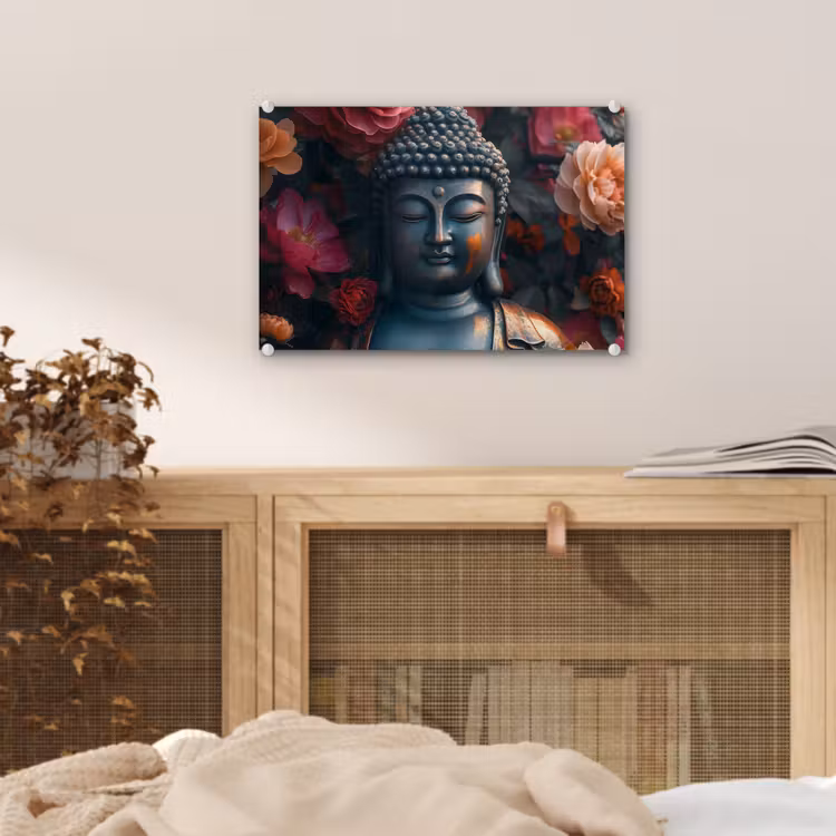 Glas schilderij - Boeddha - Bloemen - Buddha - Beeld - Kunst — 5