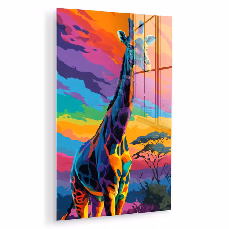Glas schilderij - Giraffe - Savanna - Lucht - Gekleurd — 1