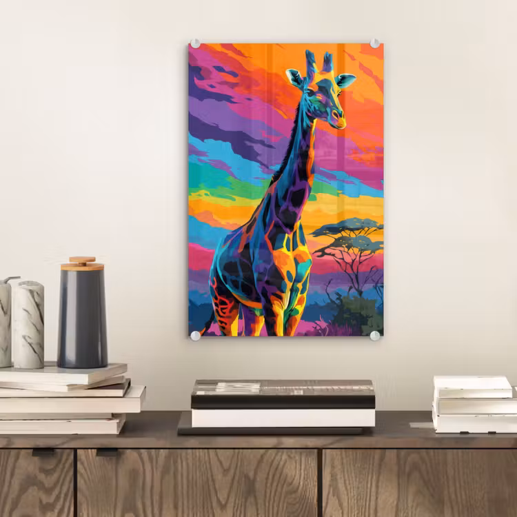 Glas schilderij - Giraffe - Savanna - Lucht - Gekleurd — 2