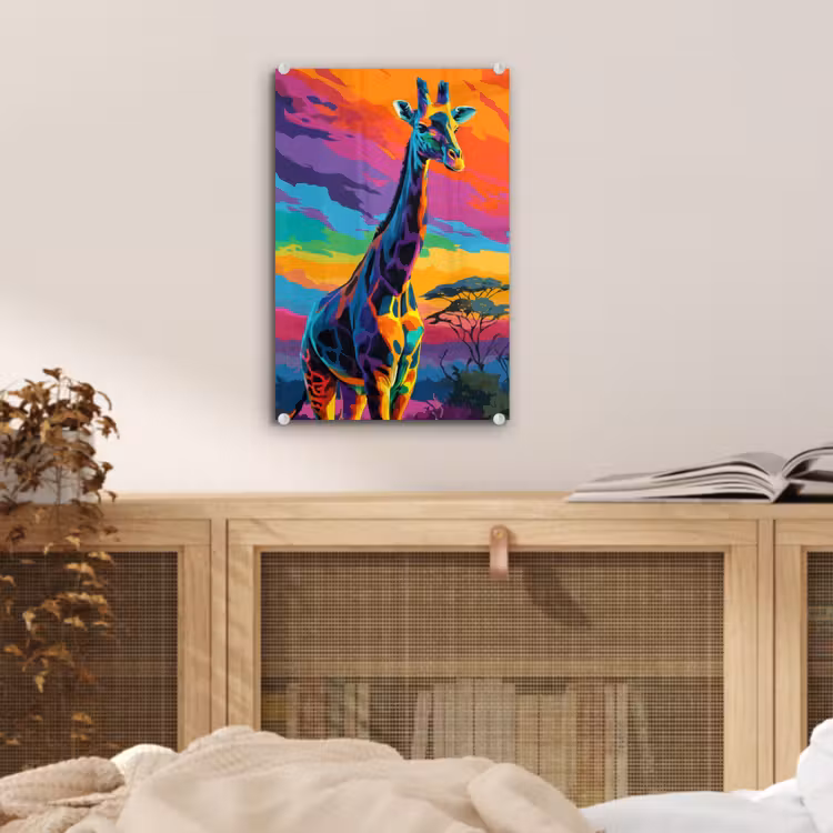 Glas schilderij - Giraffe - Savanna - Lucht - Gekleurd — 5