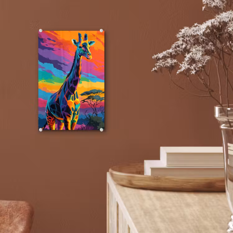 Glas schilderij - Giraffe - Savanna - Lucht - Gekleurd — 6