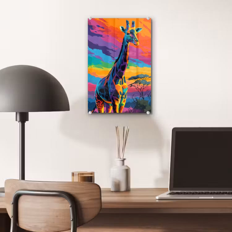 Glas schilderij - Giraffe - Savanna - Lucht - Gekleurd — 7