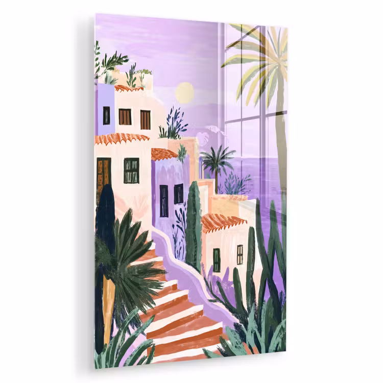 Glas schilderij - Huizen - Minimalistisch - Palmbomen - Kust — 1