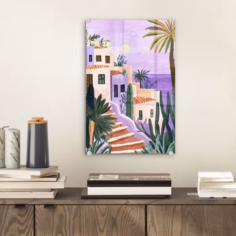 Glas schilderij - Huizen - Minimalistisch - Palmbomen - Kust — 2