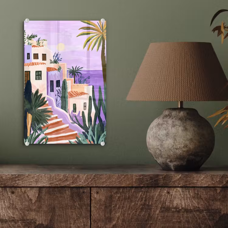 Glas schilderij - Huizen - Minimalistisch - Palmbomen - Kust — 4