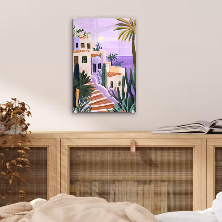 Glas schilderij - Huizen - Minimalistisch - Palmbomen - Kust — 5