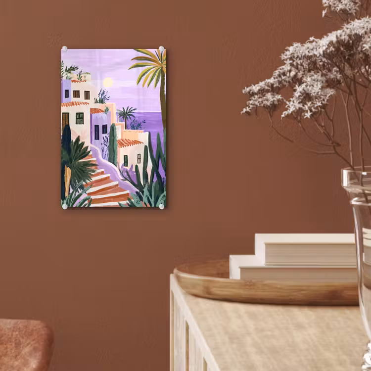 Glas schilderij - Huizen - Minimalistisch - Palmbomen - Kust — 6