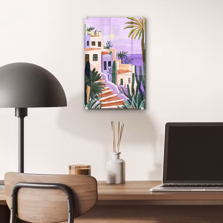 Glas schilderij - Huizen - Minimalistisch - Palmbomen - Kust — 7