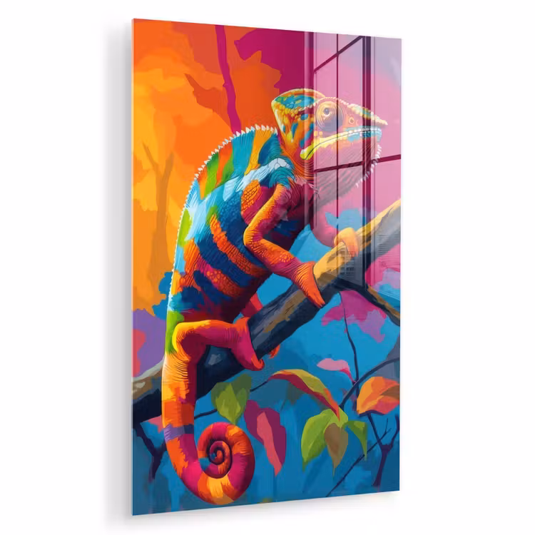 Glas schilderij - Kameleon - Tak - Gestreept - Bladeren — 1