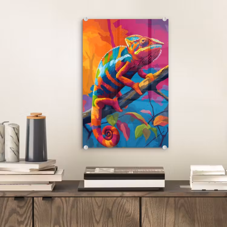 Glas schilderij - Kameleon - Tak - Gestreept - Bladeren — 2