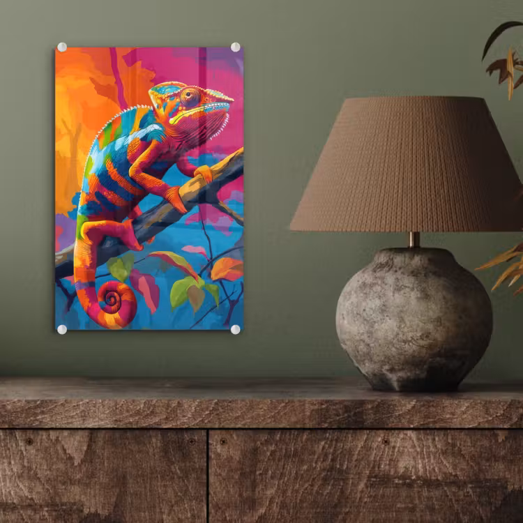 Glas schilderij - Kameleon - Tak - Gestreept - Bladeren — 4