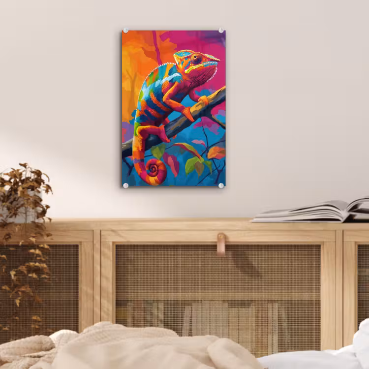 Glas schilderij - Kameleon - Tak - Gestreept - Bladeren — 5