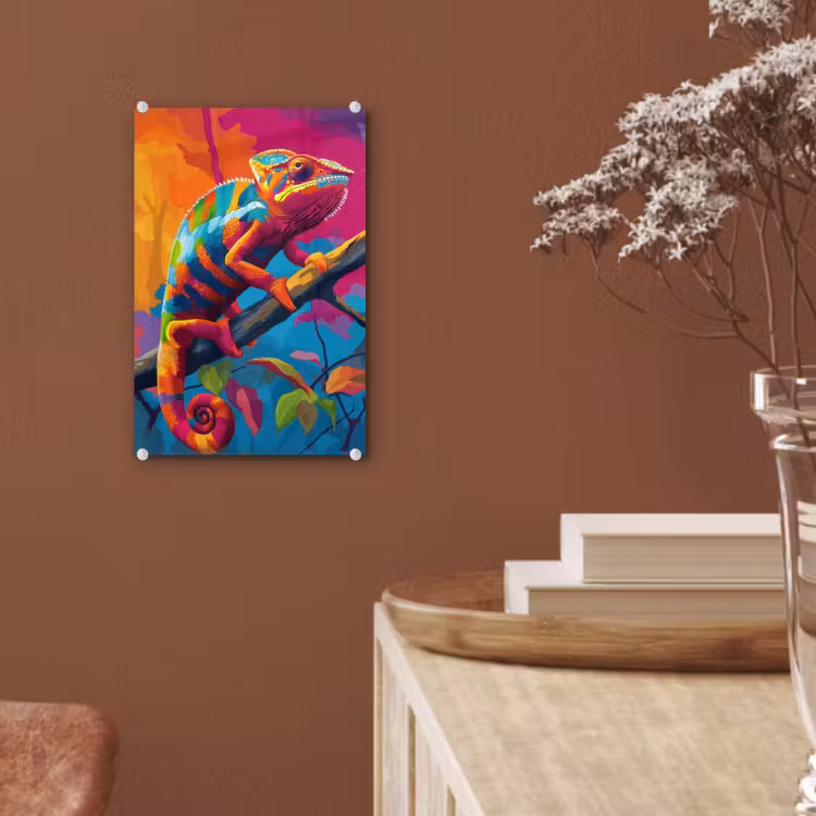 Glas schilderij - Kameleon - Tak - Gestreept - Bladeren — 6