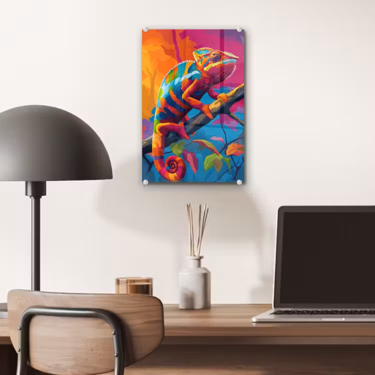 Glas schilderij - Kameleon - Tak - Gestreept - Bladeren — 7