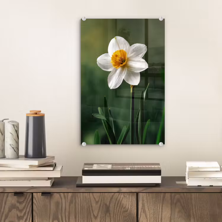 Glas schilderij - Narcis - Bloem - Wit - Grassprieten — 2