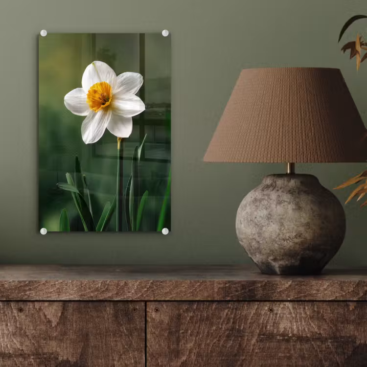 Glas schilderij - Narcis - Bloem - Wit - Grassprieten — 4