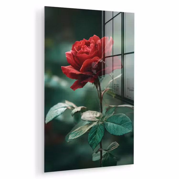 Glas schilderij - Roos - Bladeren - Dieprood — 1