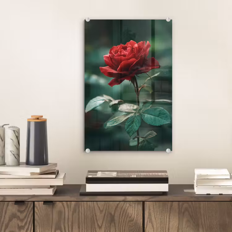 Glas schilderij - Roos - Bladeren - Dieprood — 2
