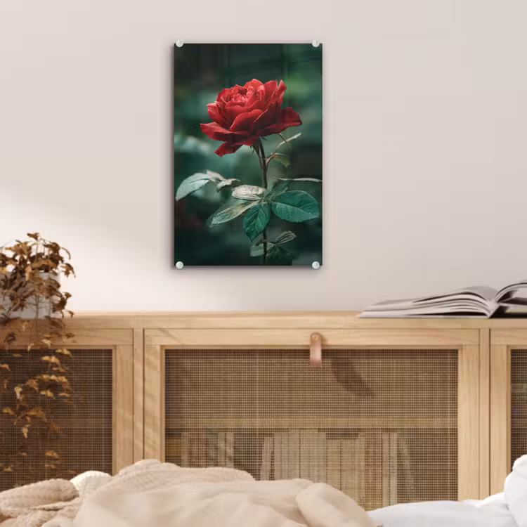 Glas schilderij - Roos - Bladeren - Dieprood — 5