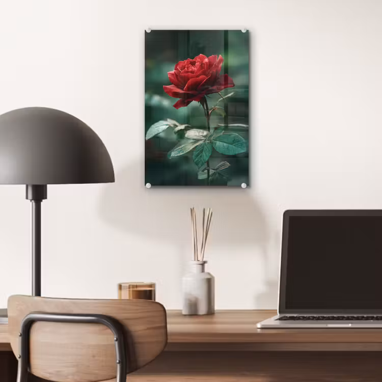 Glas schilderij - Roos - Bladeren - Dieprood — 7
