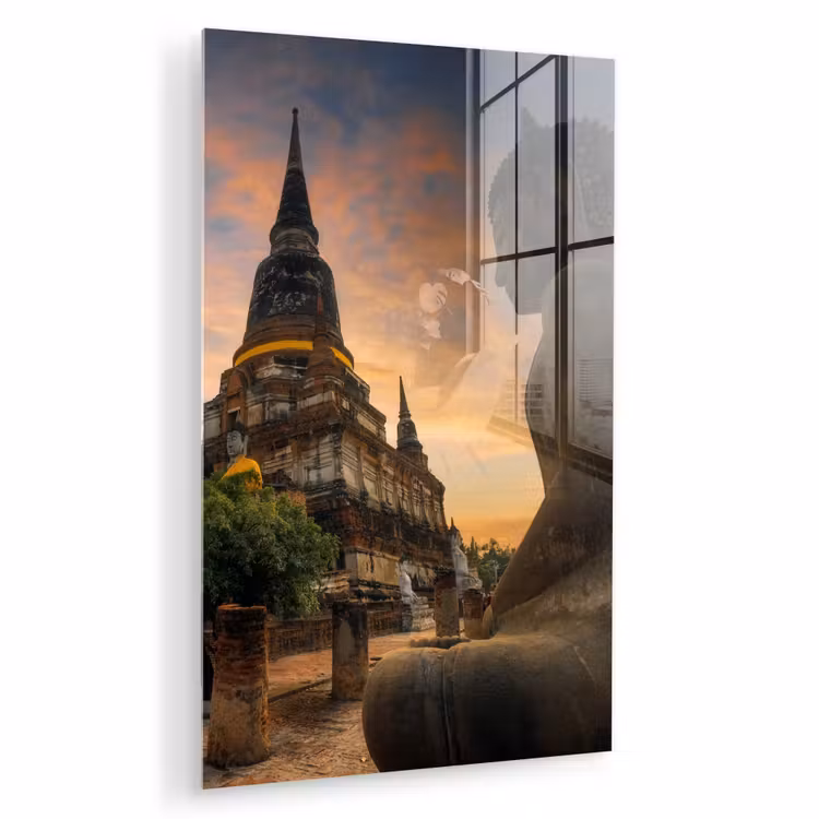 Glas schilderij - Tempel - Zonsondergang - Boeddha beelden - Buddha — 1