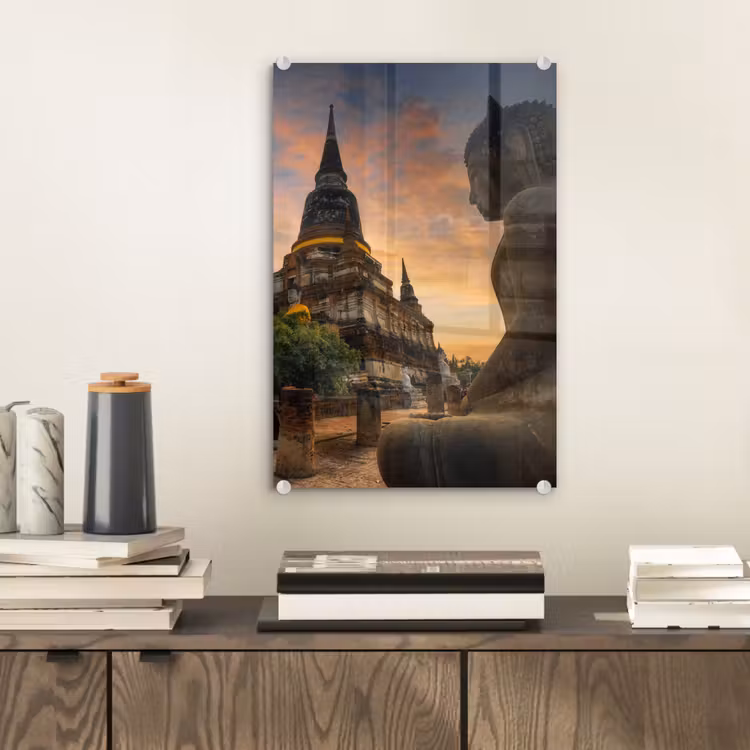 Glas schilderij - Tempel - Zonsondergang - Boeddha beelden - Buddha — 2