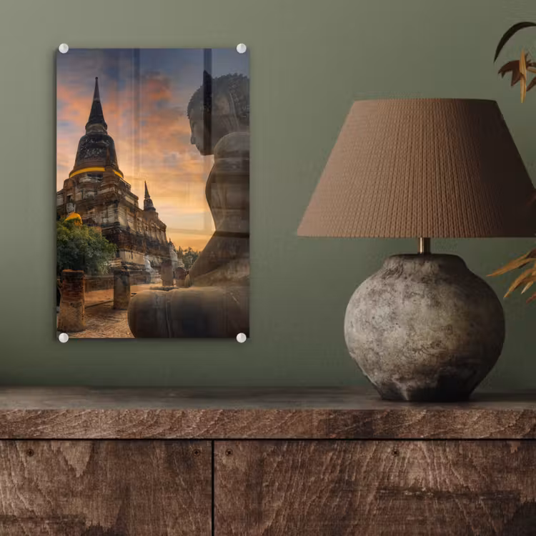 Glas schilderij - Tempel - Zonsondergang - Boeddha beelden - Buddha — 4