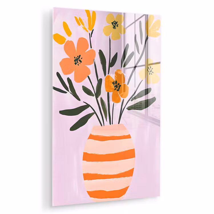 Glas schilderij - Vaas - Gestreept - Bloemen - Oranje — 1