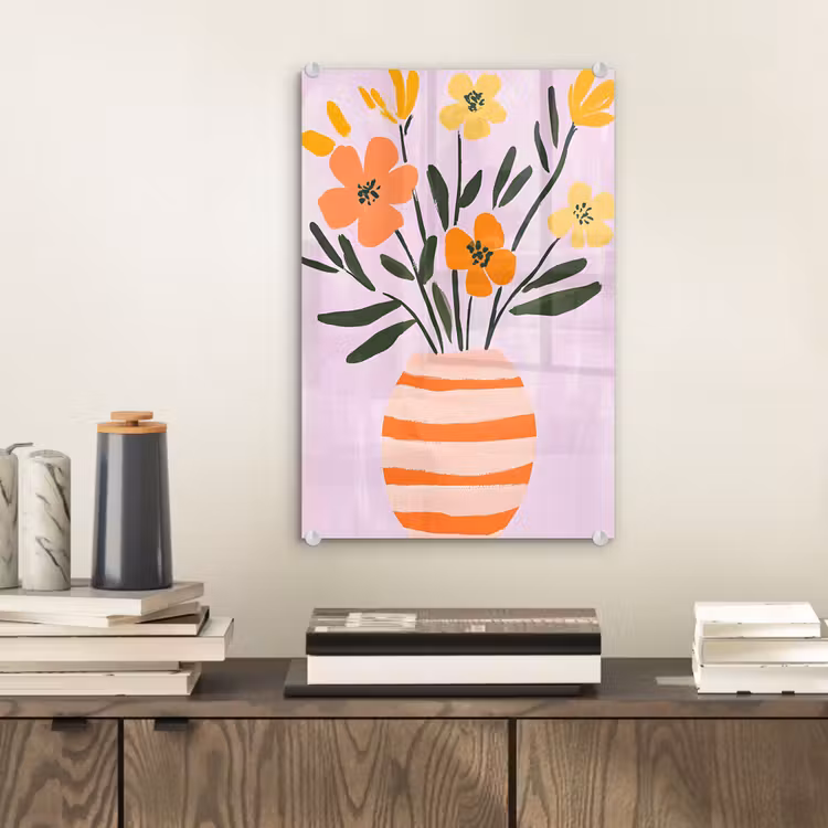 Glas schilderij - Vaas - Gestreept - Bloemen - Oranje — 2