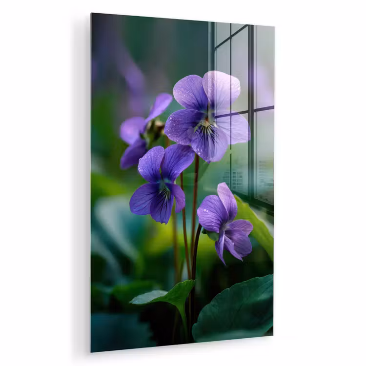 Glas schilderij - Viooltjes - Paars - Bloem - Bladeren — 1