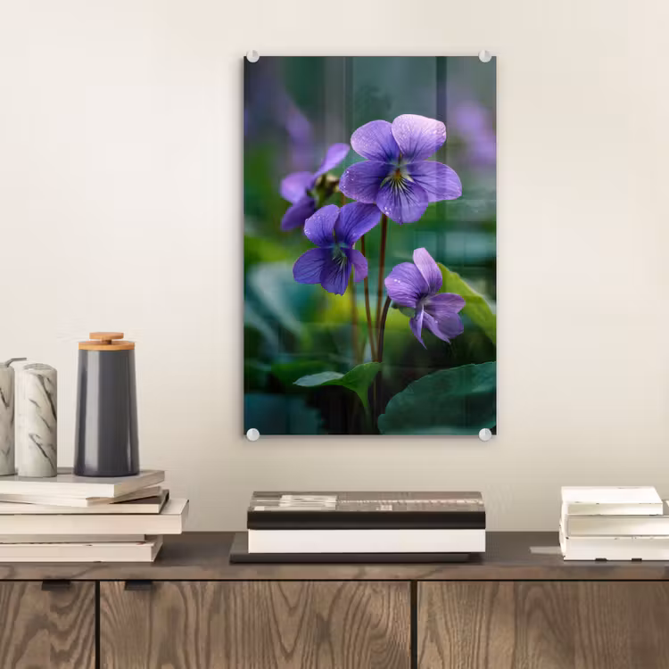 Glas schilderij - Viooltjes - Paars - Bloem - Bladeren — 2