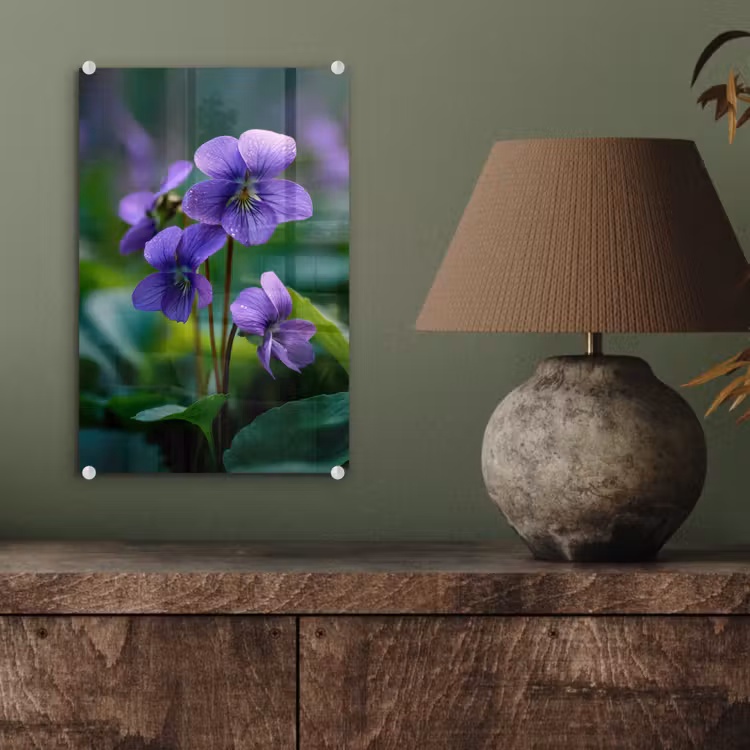 Glas schilderij - Viooltjes - Paars - Bloem - Bladeren — 4