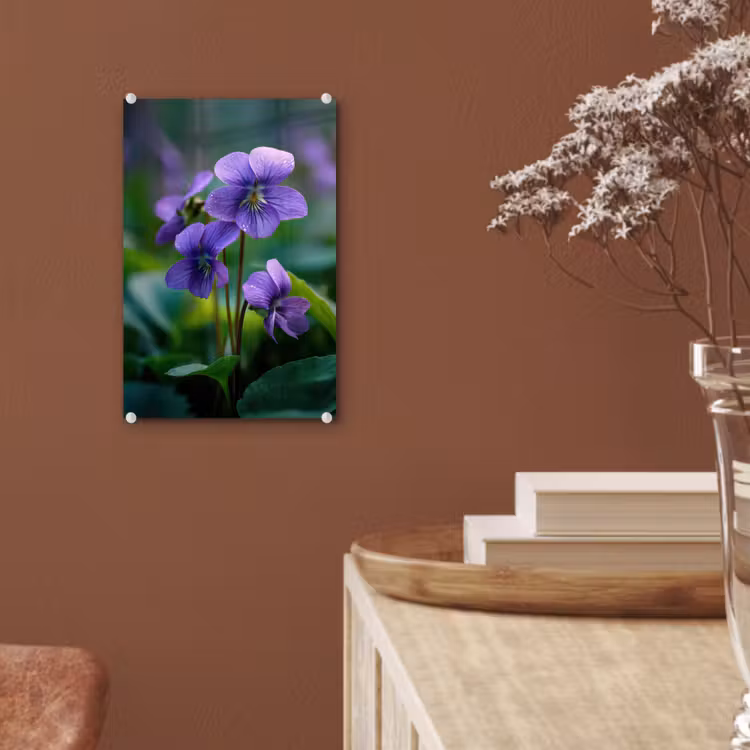 Glas schilderij - Viooltjes - Paars - Bloem - Bladeren — 6